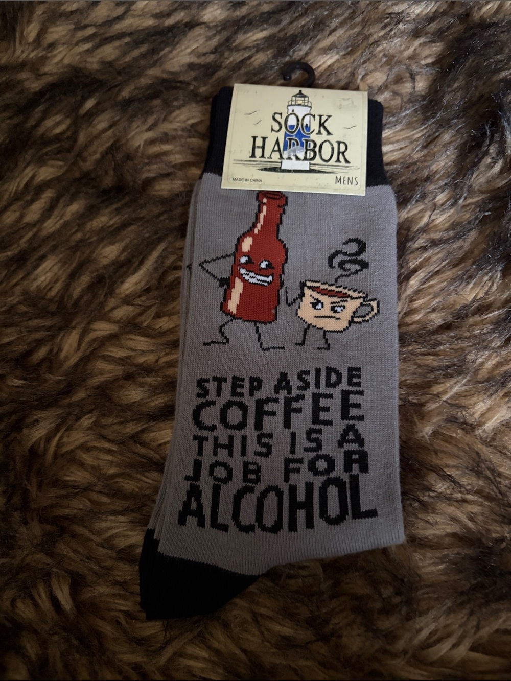Men’s Gray Novelty Socks – Coffee & Alcohol Graphic Size 6-12 New